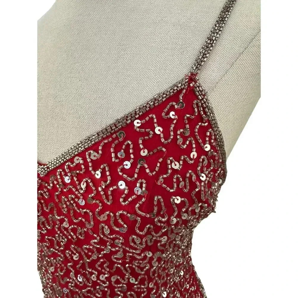 Lawrence Kazar Red 100% Silk Long Dress Size M all over sequin vintage - Picture 3 of 12